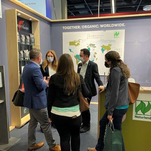 Naturland and Partners booth information desk at the Anuga 2021 trade fair in Cologne, Germany