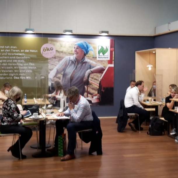 Naturland and Partners booth Bistro at the Anuga 2021 trade fair in Cologne, Germany
